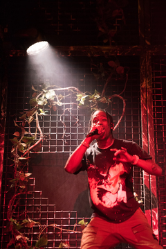 Travis Scott decorated his stage with a mechanical bird. 