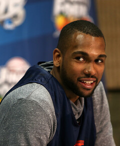 James Southerland (43) of the Syracuse Orange speaks during the Final Four interviews.