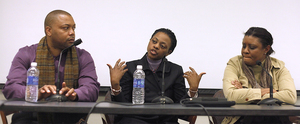 (From left) Derek Koen, Yolanda Sealey-Ruiz and Ouida Washington, one of the filmmakers of Beyond the Bricks, an assistant professor at Columbia University and another one of the filmmakers, respectively, speak at a panel about urban education at Eggers Hall on Feb. 6. 