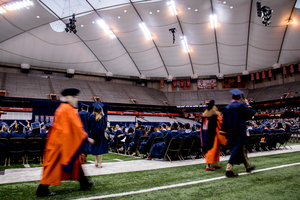 Commencement 2017 was held in the Carrier Dome. SU is currently planning for an in-person Commencement while also preparing a virtual event if coronavirus-related restrictions remain in place.