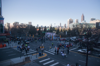 A view of Peachtree Street and Centennial Park in the late afternoon the day before the NCAA Tournament matchup between Syracuse and Michigan.