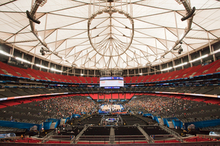 A general view of the Georgia Dome a day before the NCAA Tournament matchup between Syracuse and Michigan. Fans gather to support the Orange during a practice in the early afternoon.