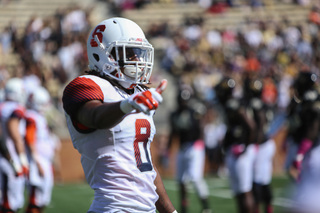 Ishmael makes a hand gesture. He continued his breakout freshman season on Saturday, making six receptions for 72 yards. 