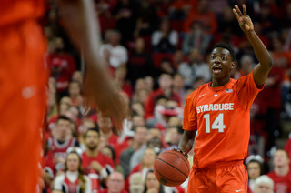 Joseph holds three fingers in the air to call out a play. He returned to the starting lineup on Saturday after only playing three minutes against Virginia.